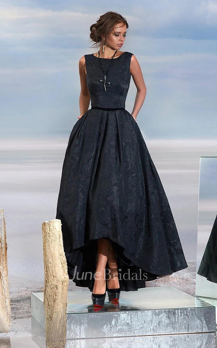 A-line Tea-length High Neck Sleeveless Lace Keyhole Dress