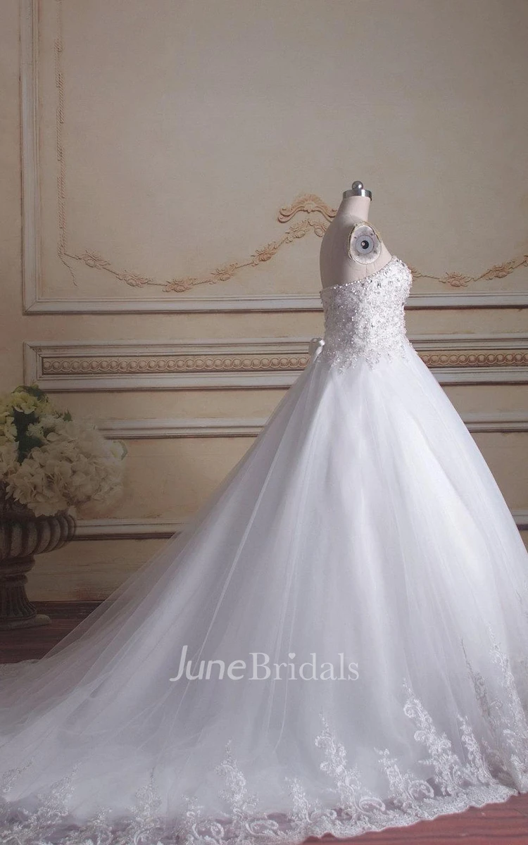 Ball Gown Sweetheart Chapel Train Tulle Lace Organza Satin Dress With Beading