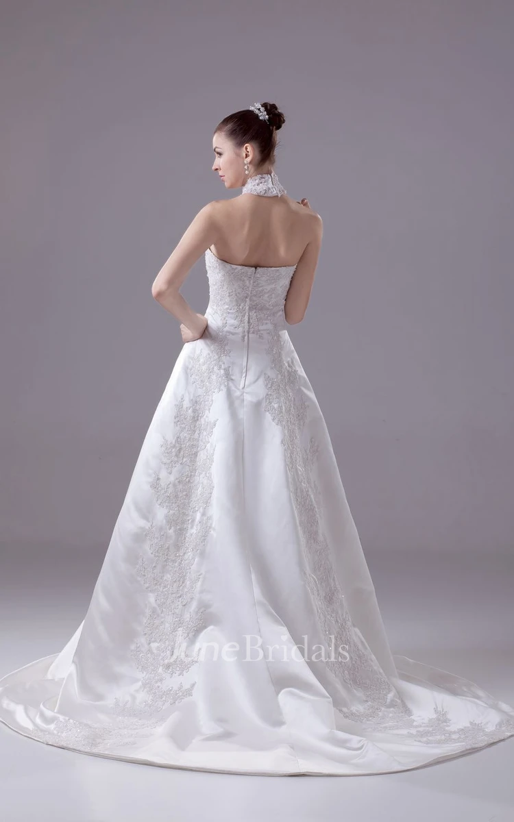 Sleeveless High-Neck Satin A-Line Gown With Beading and Appliques