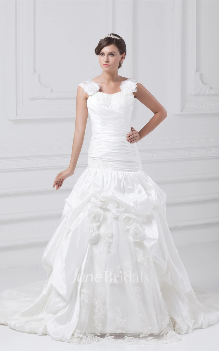 Caped-Sleeve Ruched Pick-Up Gown with Lace and Flower