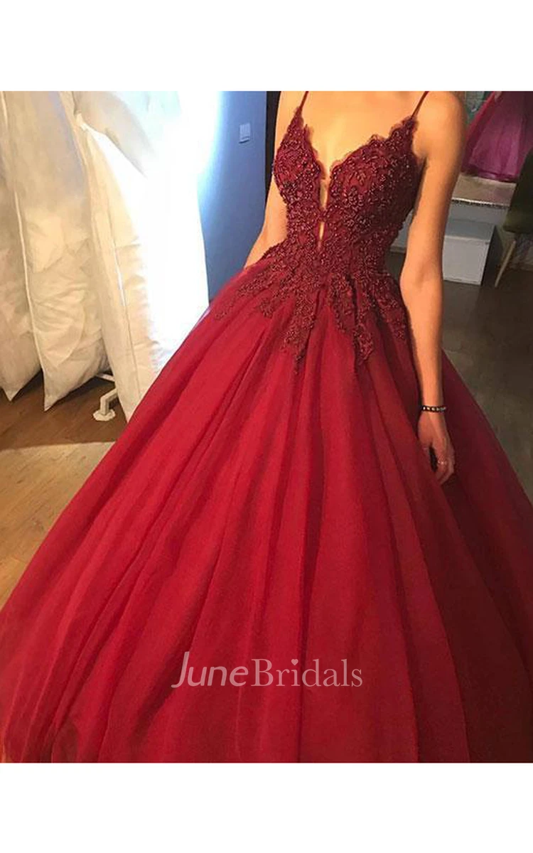Red A line Lace Beaded V Neckline Long Evening Prom Dress