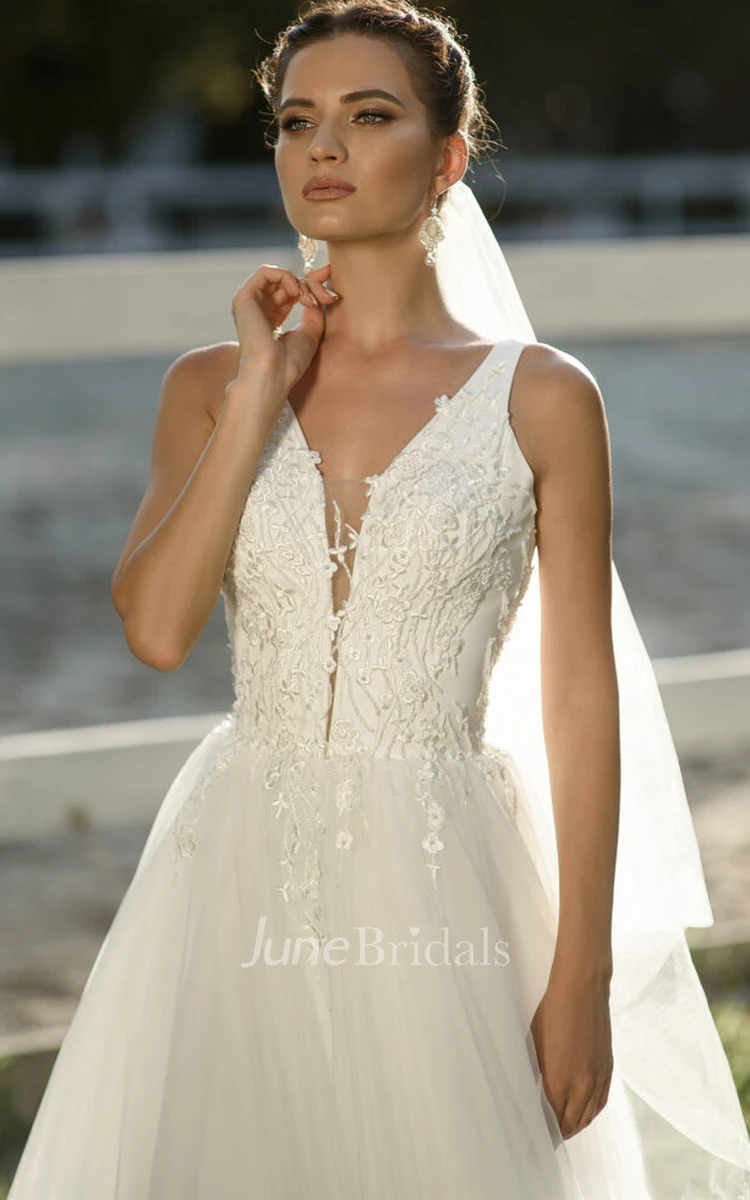 Sexy Modern Plunging Neckline Sleeveless /Brush Train Floor-Length A Line Wedding Dress With Appliques