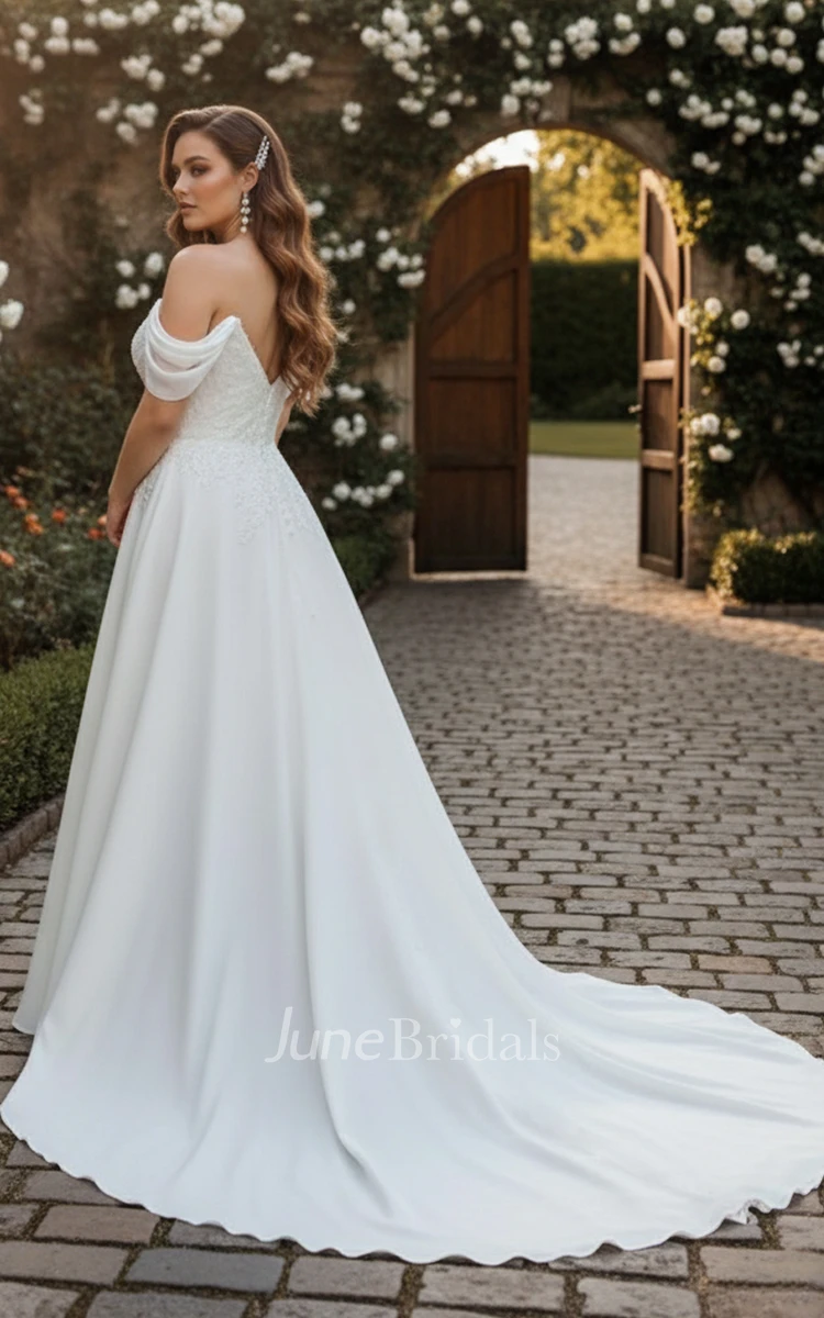 Plus Size A-Line Chiffon Wedding Dress V-Neck Off Shoulder Curvy Flattering Bridal Gown