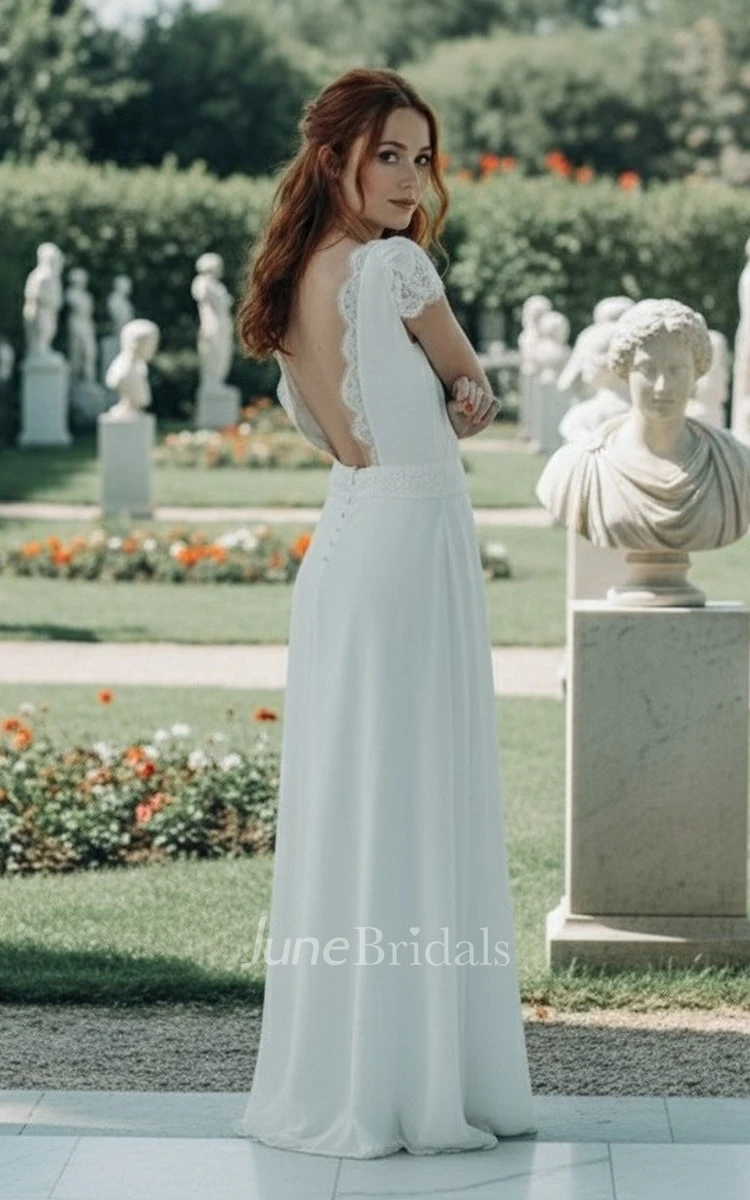 Casual A-Line Cap Sleeves Wedding Dress Boho Lace Bridal Gown with Open Back