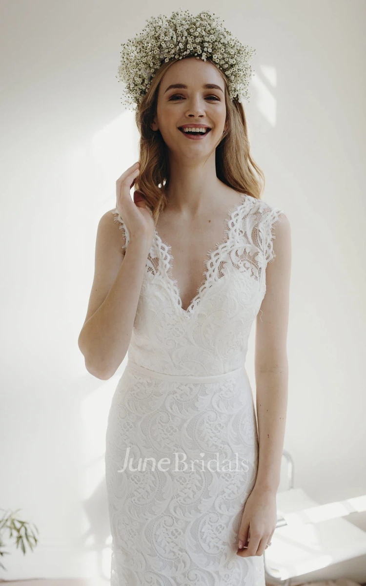 Lace Cap Sleeve Sheath Deep V-neck Bridal Gown With Deep V-neck And Court Train