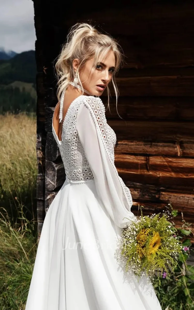 Bohemian Lace Chiffon A-Line Plunging Neckline Wedding Dress Country Romantic Solid Puff Long Sleeve Floor-length Low-V Back Bridal Gown with Train