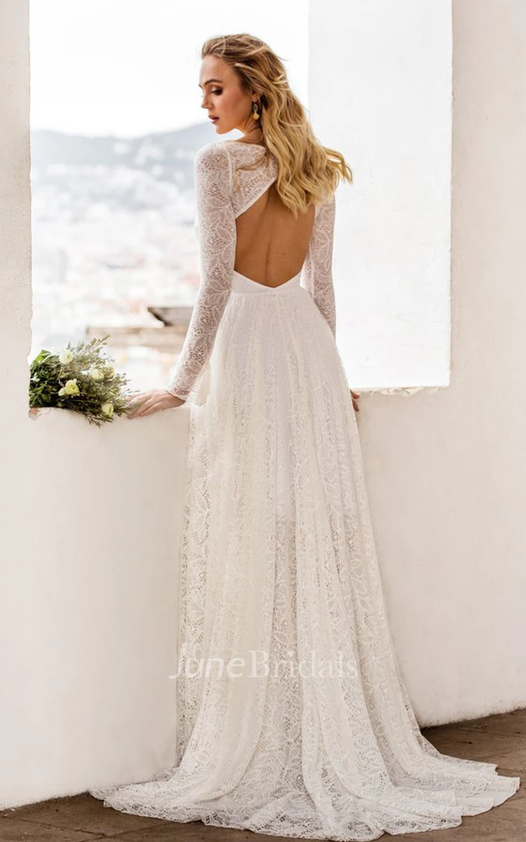 Bohemian Lace Scoop A Line Long Sleeve Wedding Dress with Keyhole Back