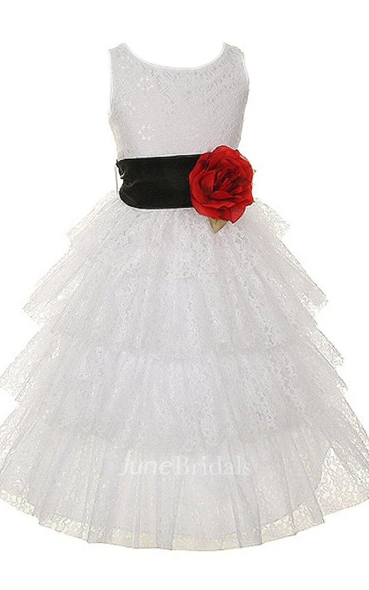 Sleeveless Scoop-neck Tiered Dress With Flower