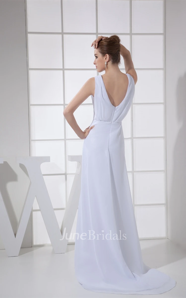 Sleeveless Central-Ruched Chiffon Maxi Dress with Low-V Back