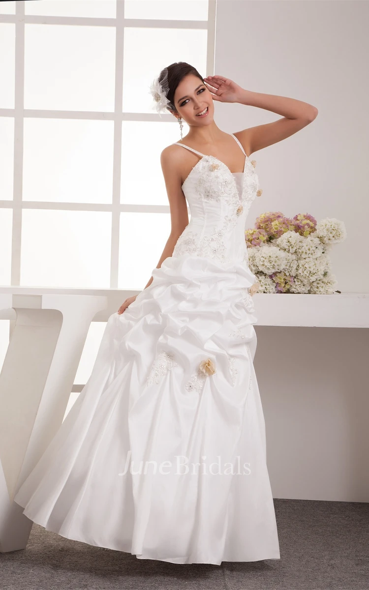 Pick-Up Floor-Length A-Line Gown with Appliques and Spaghetti-Straps