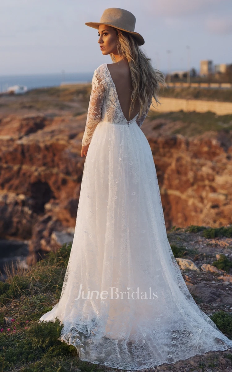 Illusion Long Sleeve Plunging Ethereal Deep V-back Lace A-line Wedding Dress