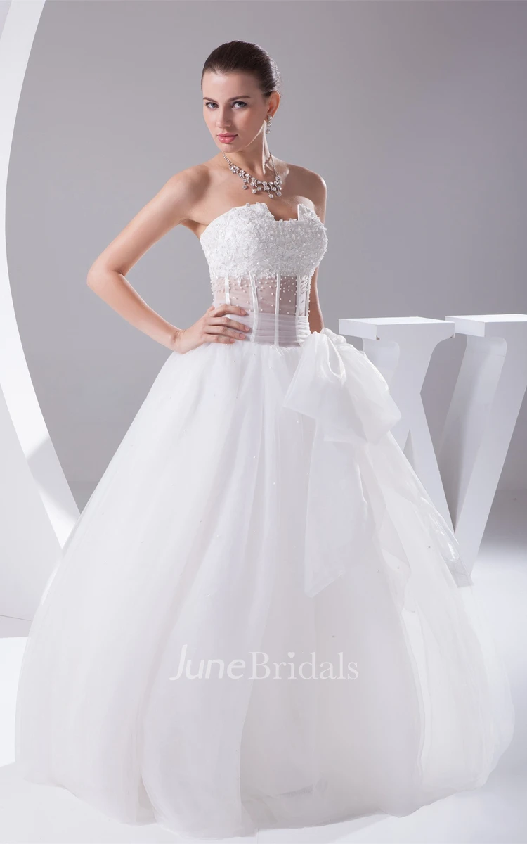Notched Strapless Tulle A-Line Dress with Bow and Illusion Waist