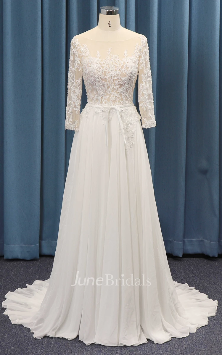 A-line 3/4 Sleeve Lace Top And Chiffon Ruched Skirt And Sash Adorable Wedding Dress