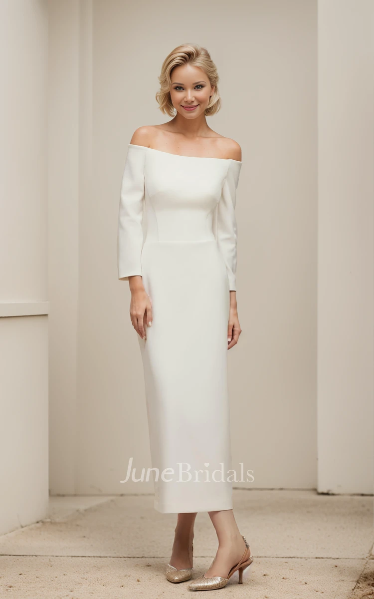 Elegant Solid Sheath Off-the-shoulder Long Sleeve Wedding Dress Simple Sexy Split Back Strapless Petite Ankle-length Backless Reception Bridal Gown