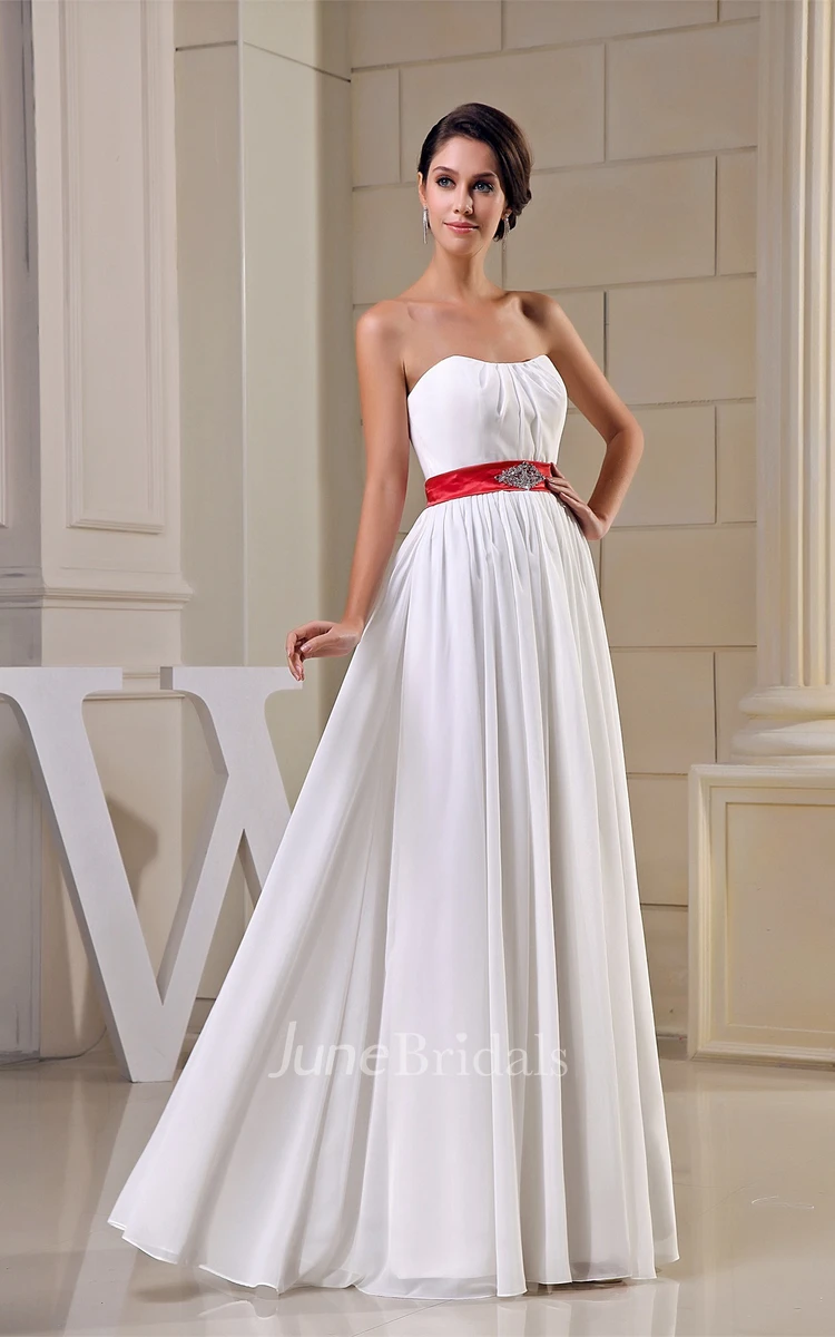 Strapless Pleated Floor-Length Dress with Broach