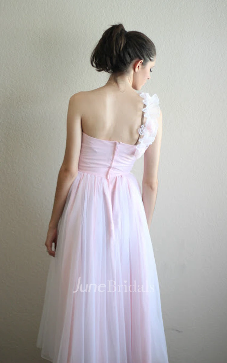 Angelic One-shoulder Tea-length A-line Tulle Dress With Flowers