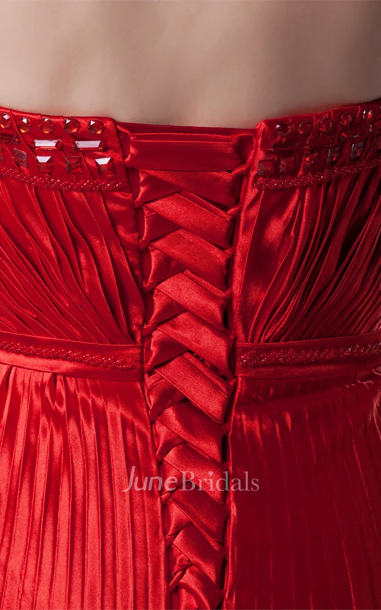 Flamboyant Strapless Pleated Dress with Ruching and Beading