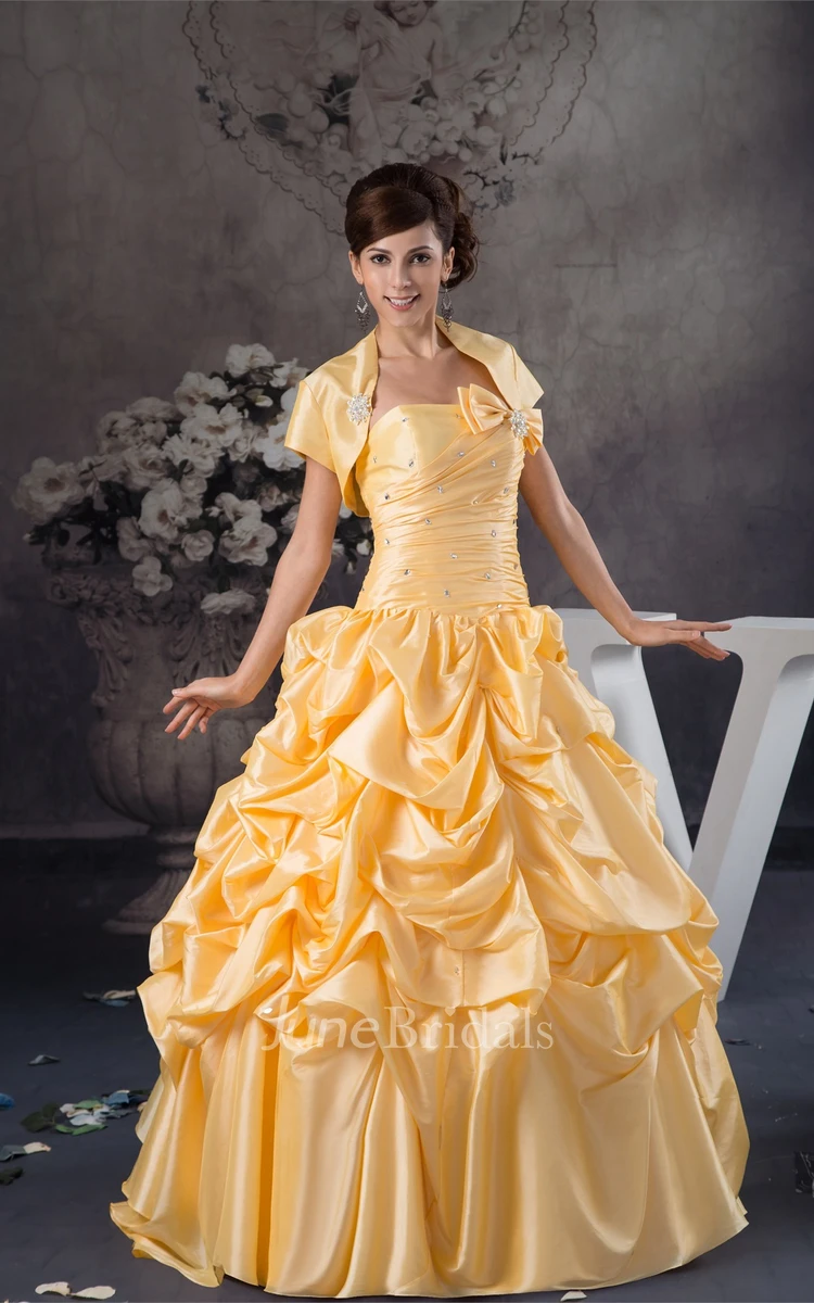 Strapless Ruched Pick-Up Ball Gown with Bow and Bolero