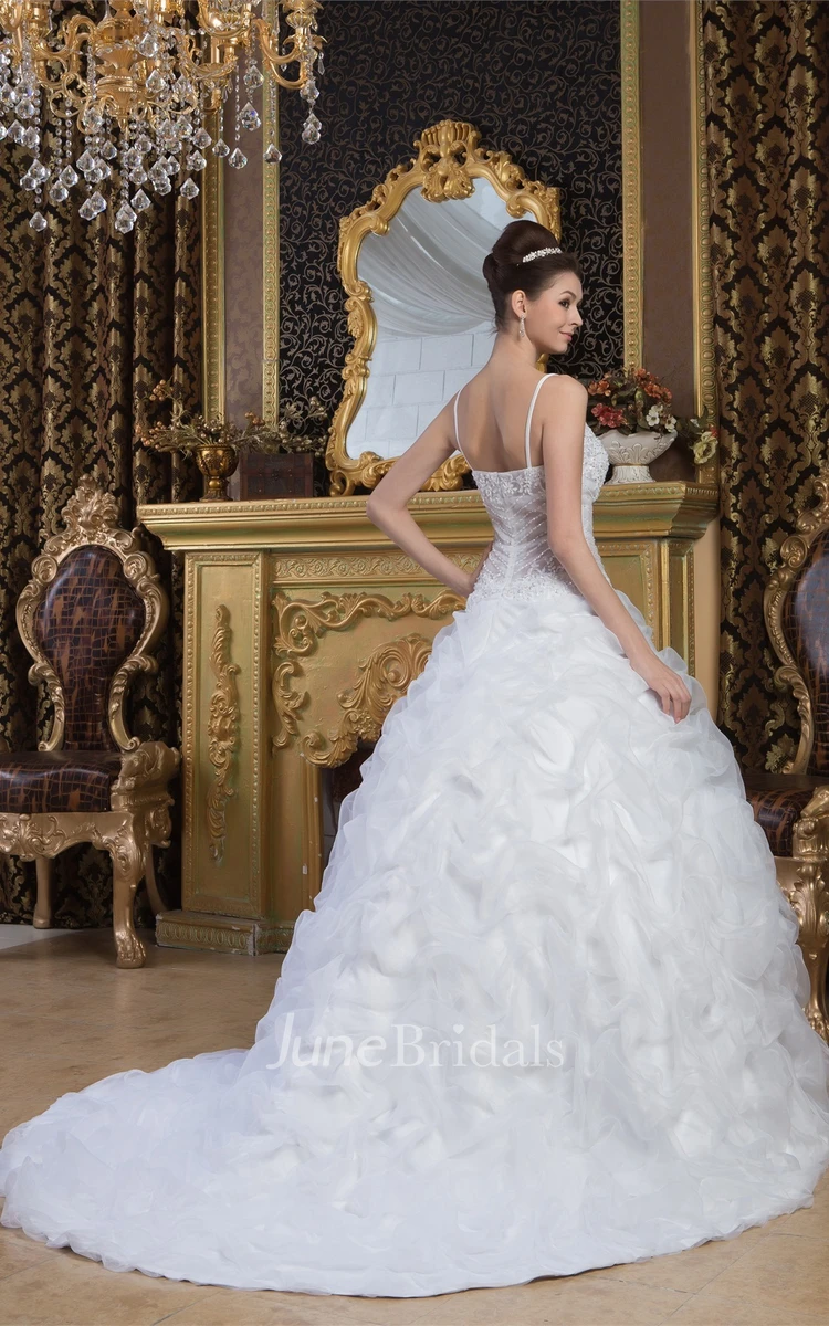 Spaghetti-Strap Pick-Up Ball Gown with Lace and Illusion Top