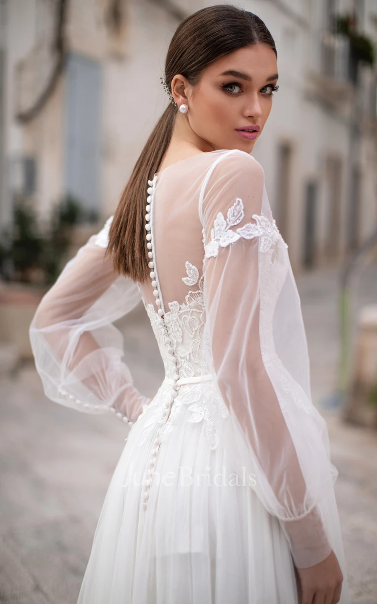 Elegant Tulle Bateau Illusion Long Sleeve Bridal Gown with Applique