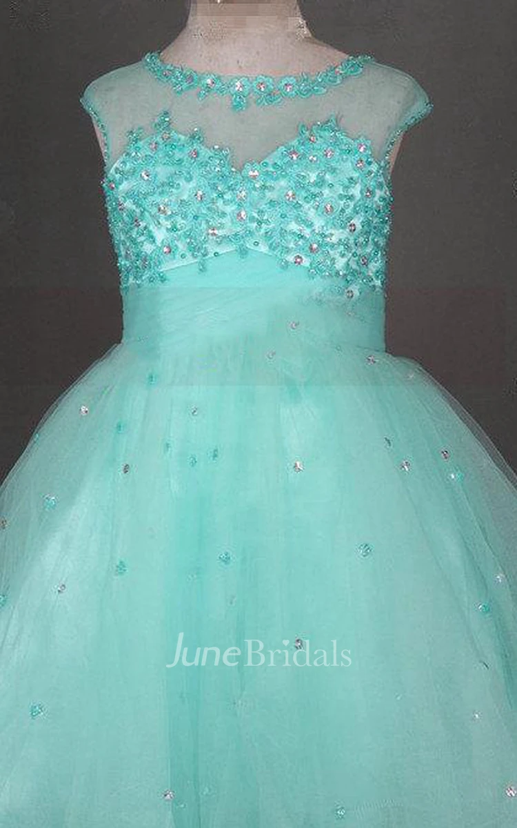 Cap Sleeve Jewel Neck Tulle Dress With Beadings and Illusion