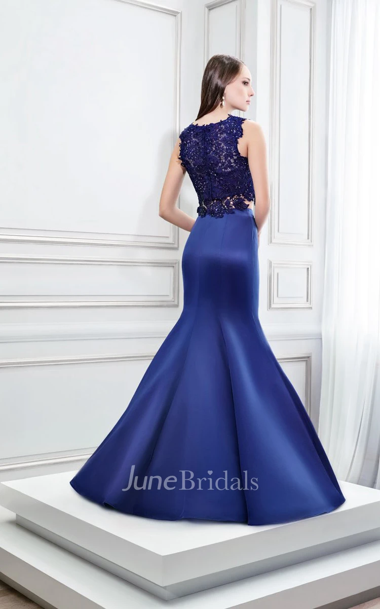 Mermaid Sleeveless Jewel Neck Appliqued Satin Prom Dress