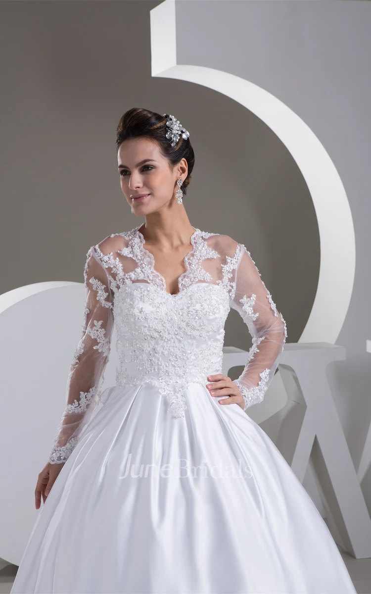 Scalloped-Neck Long-Sleeve Beaded Ball Gown with Illusion