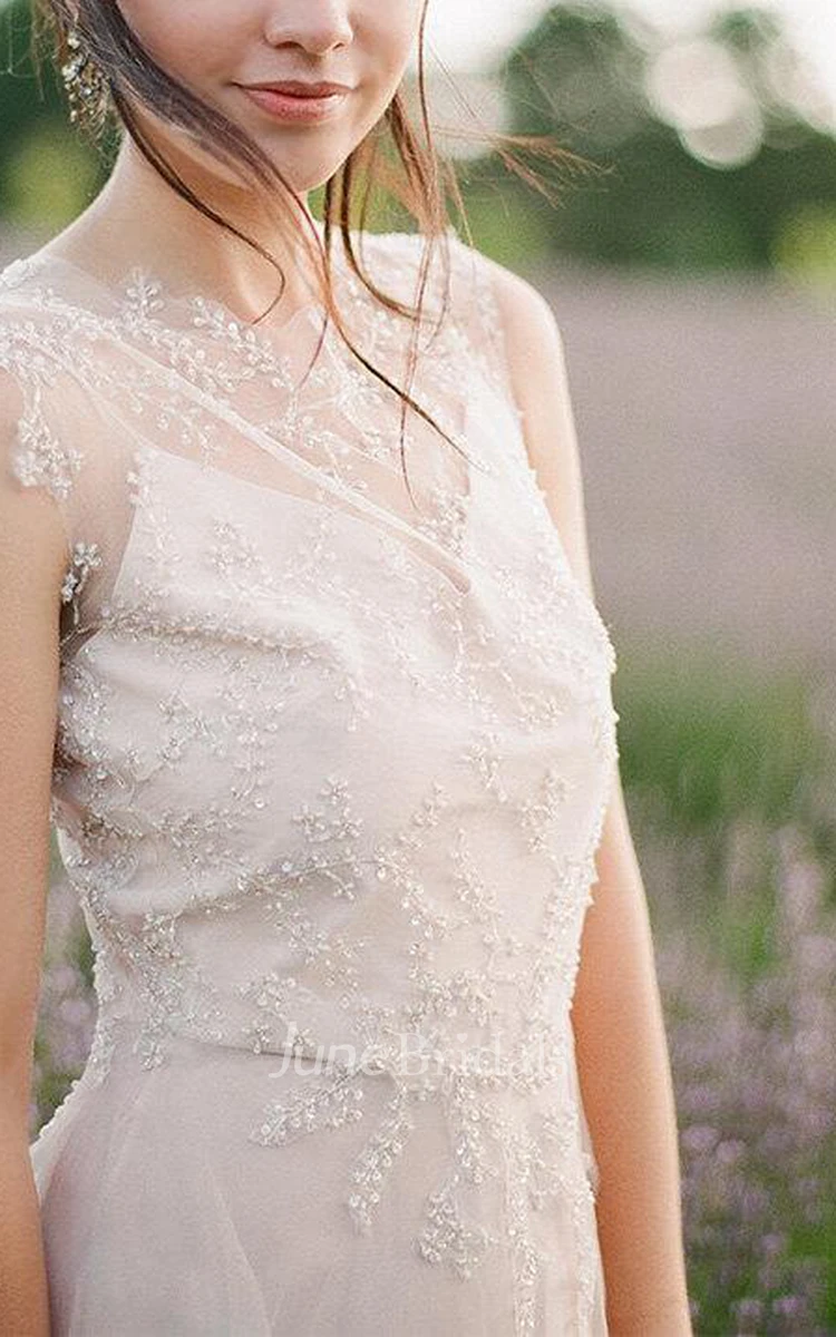 Jewel Neck Sleeveless Long Tulle Wedding Dress With Beading