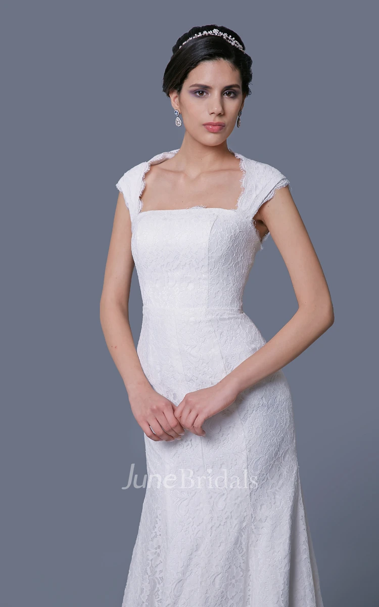 Cap-Sleeved Sheath Lace Dress With Square Neckline and Keyhole Back