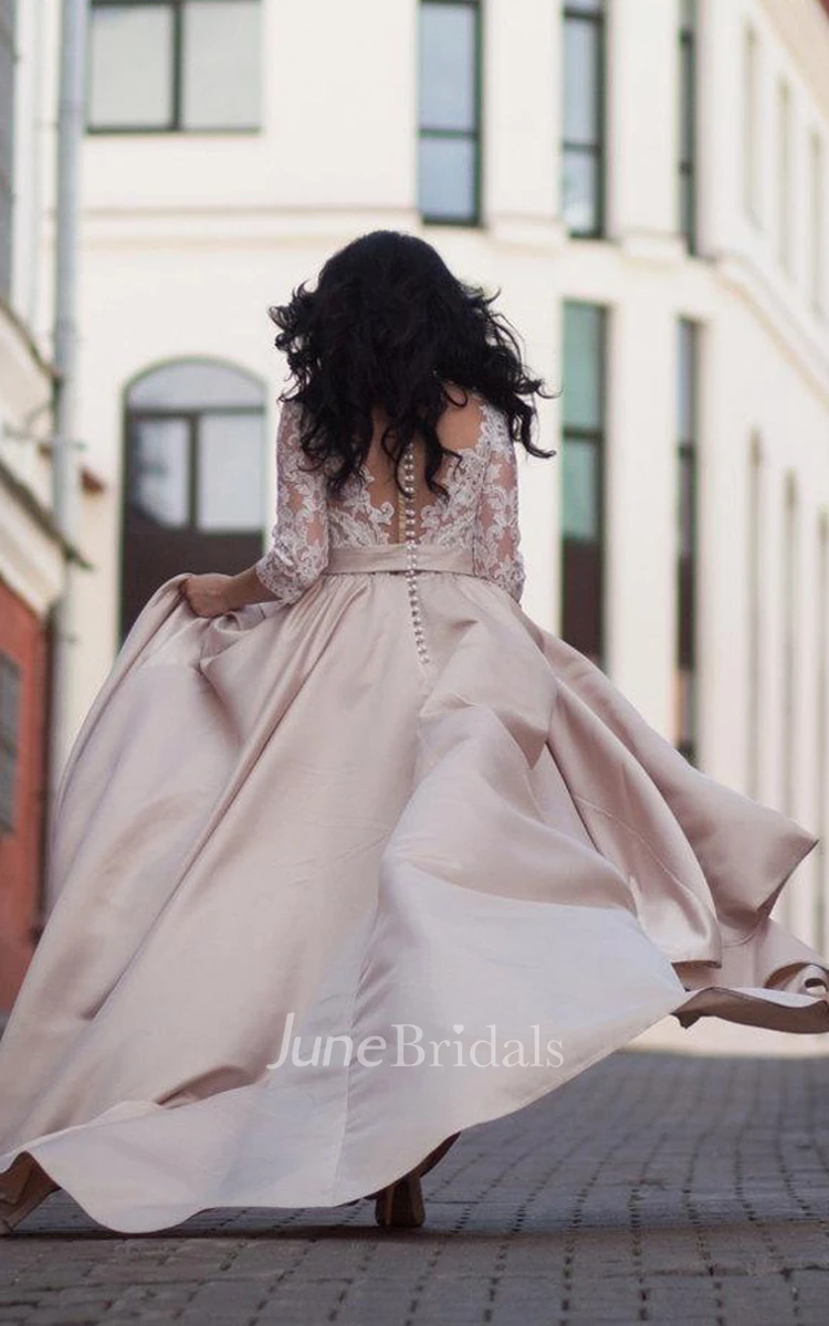 V-Neck Illusion Long Sleeve A-Line Satin Appliqued Plus Size Wedding Dress  - June Bridals