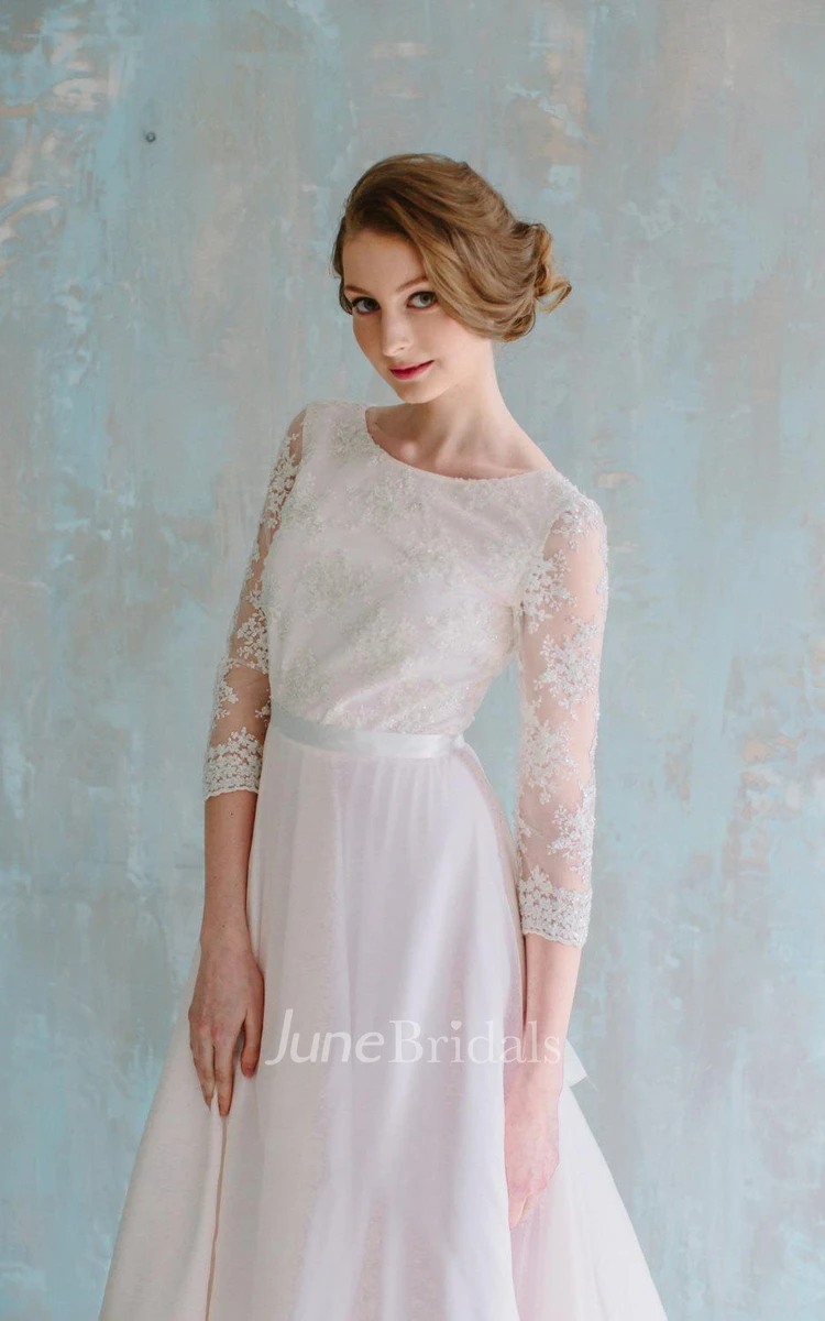Jewel Neck 3 4 Sleeve Long Chiffon Dress With Lace Bodice and Sash