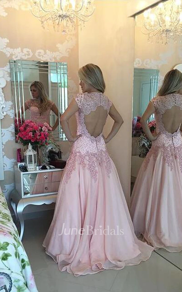 Delicate Pink Lace Appliques Prom Dress Sweep Train