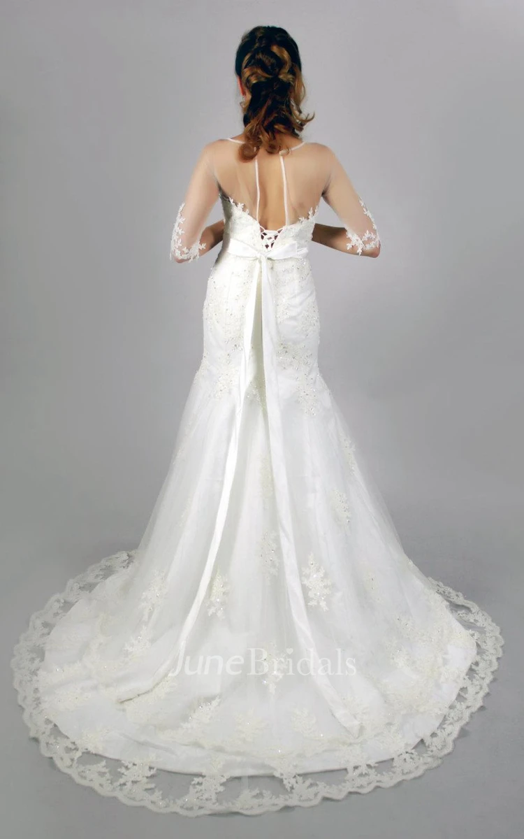 Sheer Top Half Sleeve Mermaid Wedding Dress With Beading and Appliques