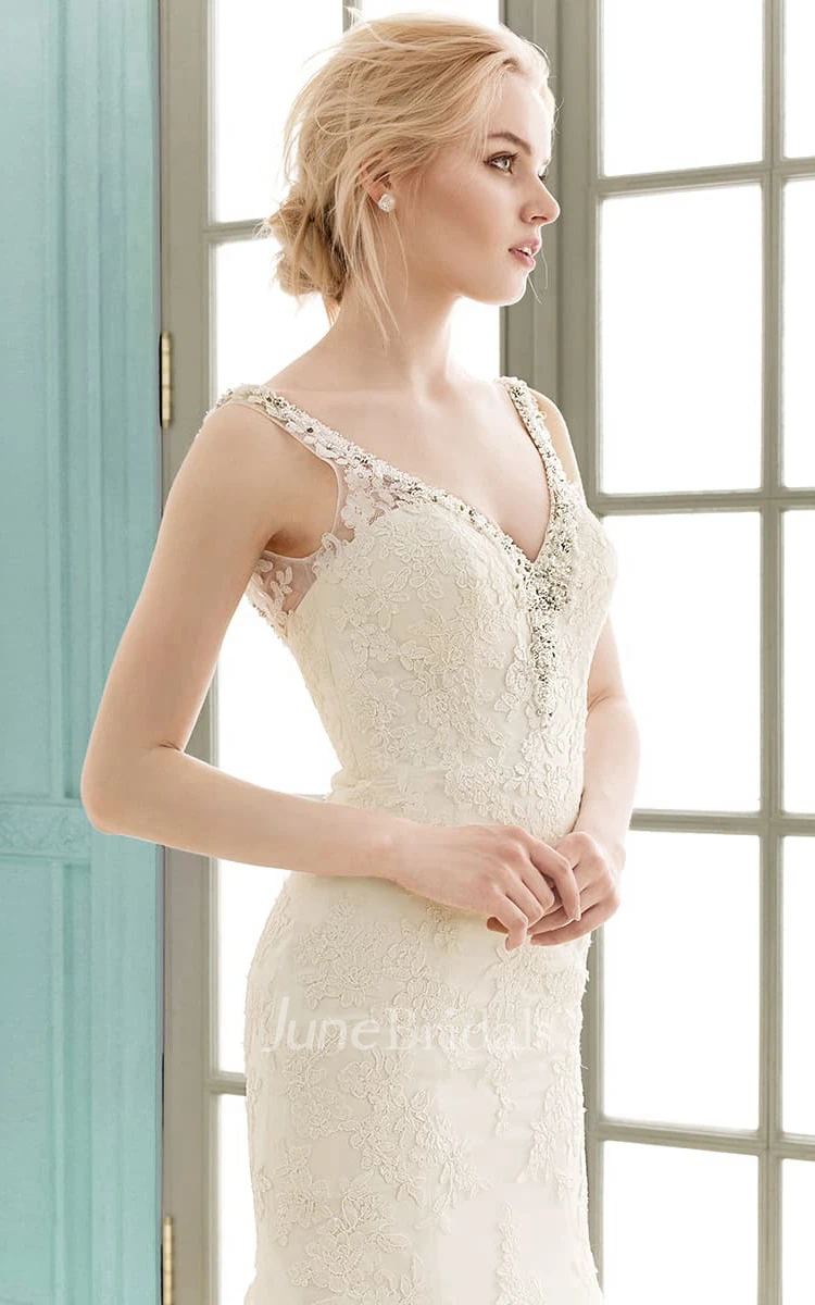 Strapped V-neck Appliques Floor-length Sheath Lace Dress With Crystal Detailing