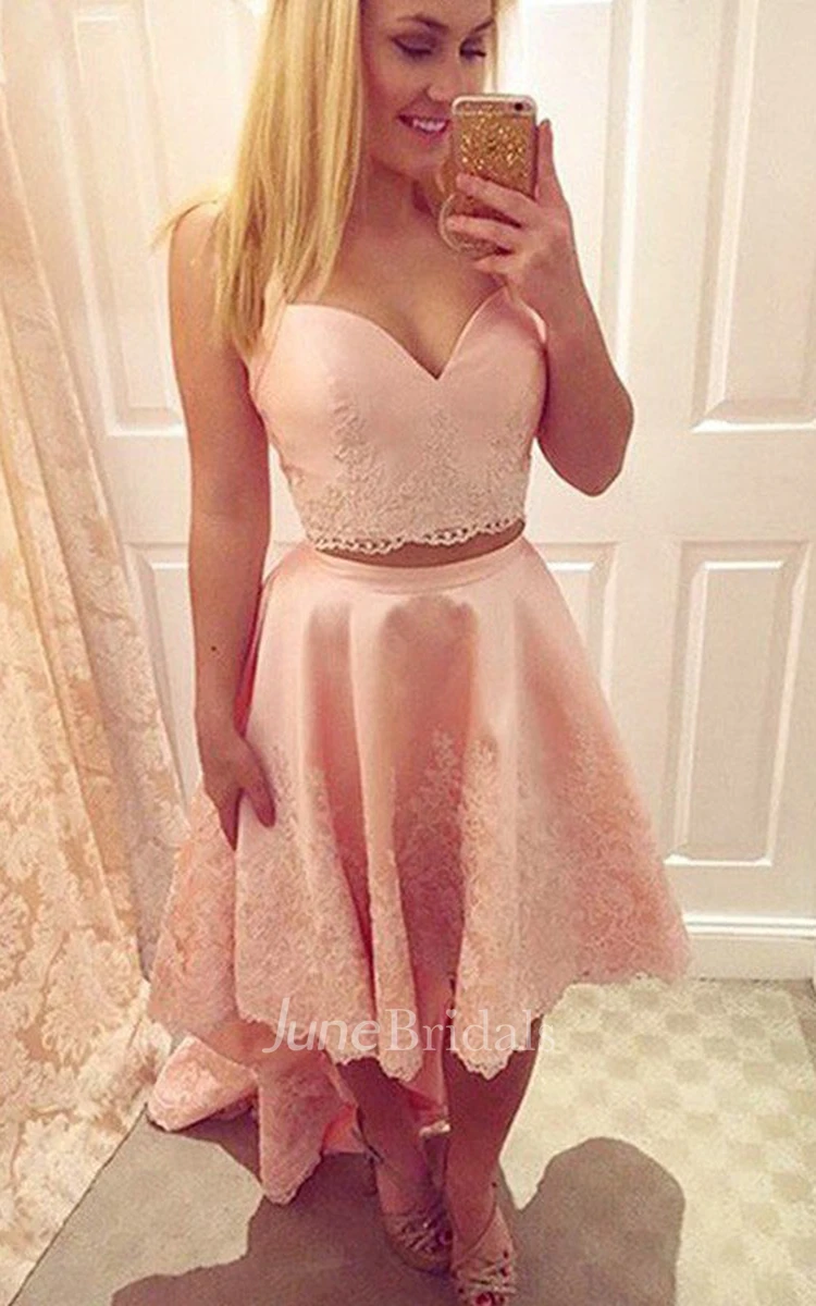 A-line Straps Sweetheart Sleeveless Appliques High-low Satin Lace Homecoming Dress