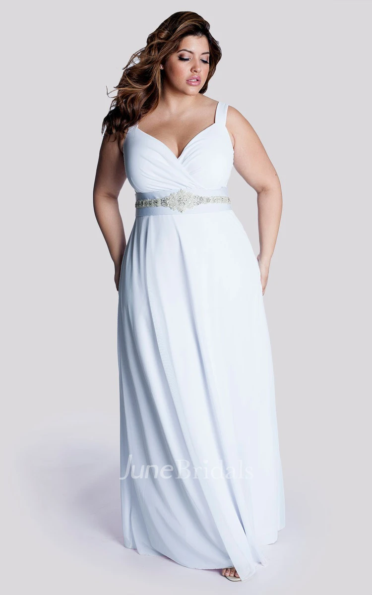 Modest Plus Size Sheath Maxi Wedding Dress Simple Casual Beading Ruched Dress with Waist Jewelry