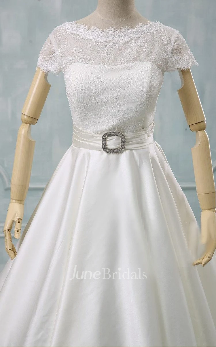 Scalloped Button Back Satin Wedding Dress With Sash And Crystal Detailing