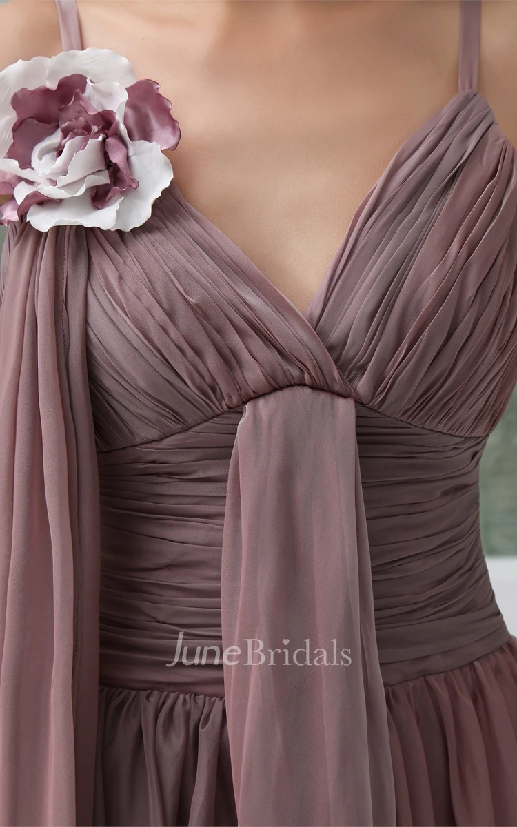 Spaghetti-Straps Side Draping Ankle-Length Ruched Gown with Ruffles and Flower