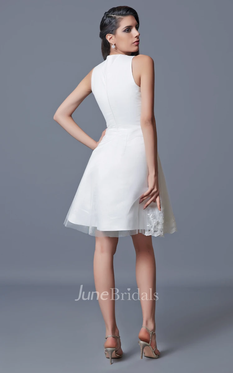 Jewel Neckline Short Satin Dress With Embroidery