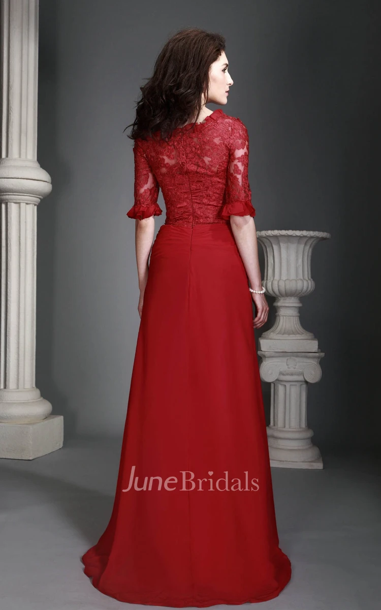 Bateau-Neck Half-Sleeve Long Dress With Lace Top