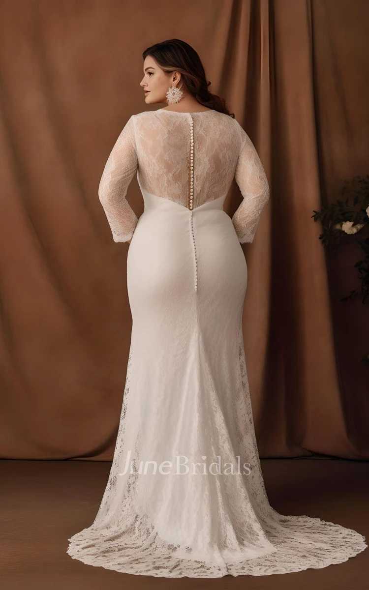 Mermaid Chiffon Long Sleeve Plus Size Wedding Dress Simple Sexy Elegant Romantic Plunging Neckline Country Garden