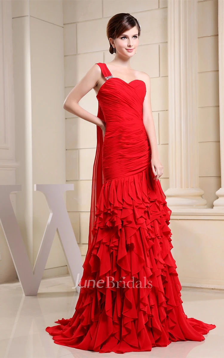 Sweetheart Ruched Chiffon Maxi Dress with Single Strap and Cascading Ruffles