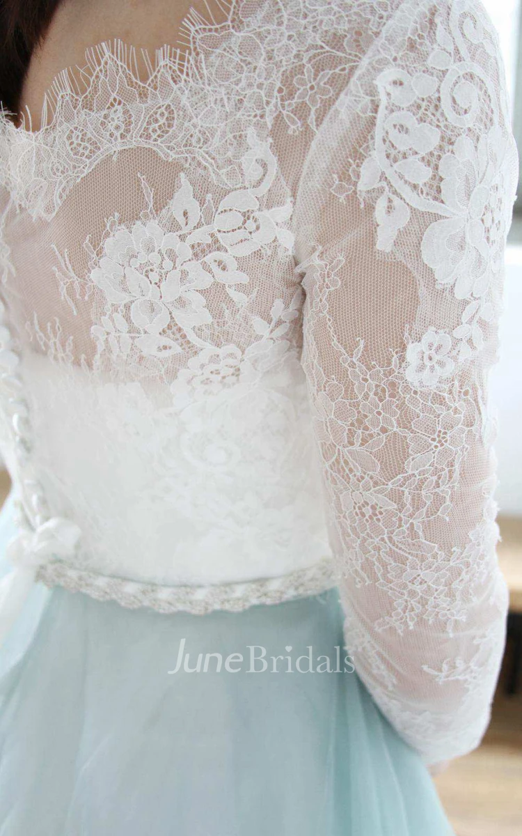 Bateau Lace Long Sleeve Tulle Wedding Dress With Jeweled Waist