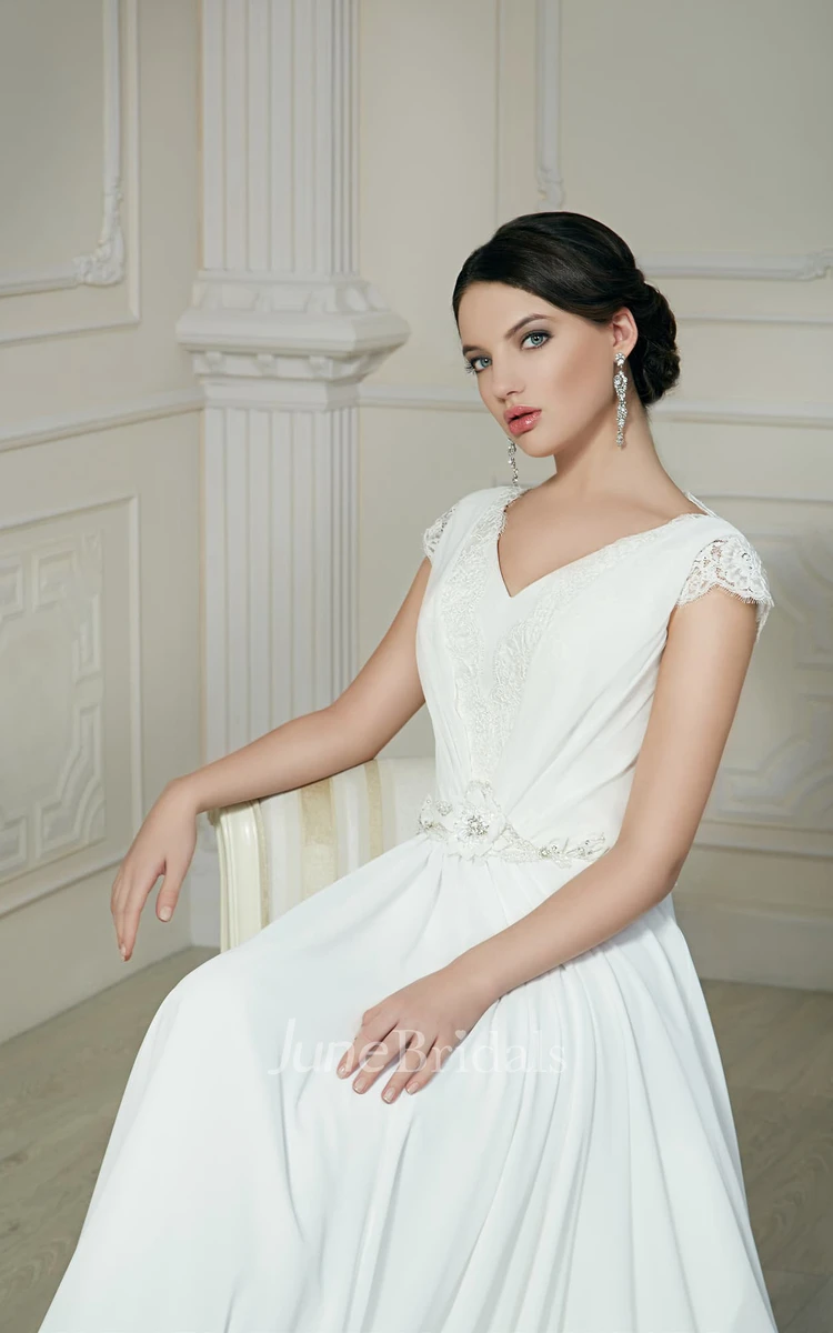 A-Line Floor-Length V-Neck Short-Sleeve Low-V-Back Chiffon Dress With Ruching And Beading