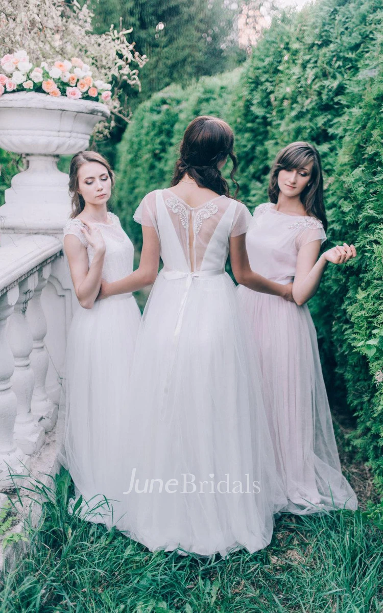 A-Line Tulle Cap-Sleeve Floor-Length Dress With Crystal Detailing