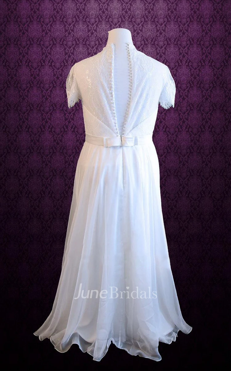Queen Anne Button Back Chiffon Wedding Dress With Sash And Crystal Detailing