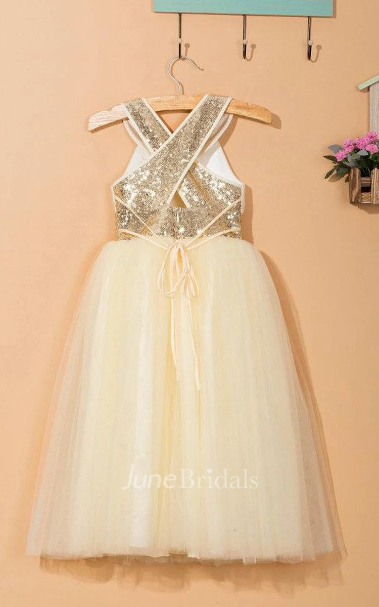 Sleeveless Scoop Tulle Dress With Sequins&Flower