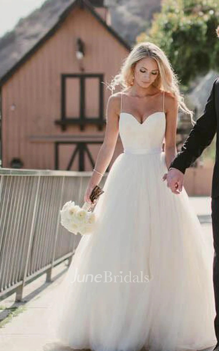 Modest Modern Beach A-Line Sweetheart Tulle Wedding Dress Elegant Western Spaghetti Strap Solid Long Bridal Gown