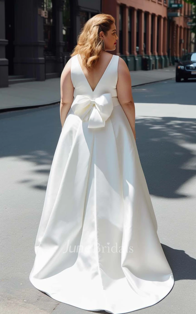 2024 Plus Size A-Line Satin Sleeveless Wedding Dress V-neck Simple Casual Sexy Ethereal Modern Sweep Train