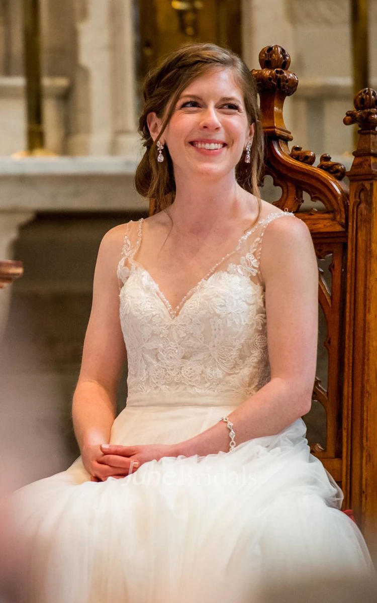Adorable A-Line Illusion Straps V-Neck Layered Tulle Lace Appliqué Trailing Wedding Dress